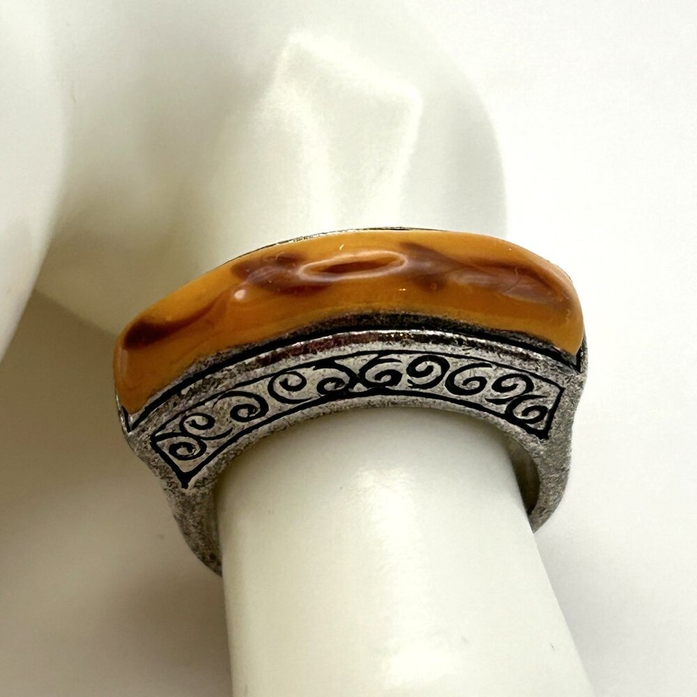 Sterling Silver Wide Band Ring Yellow Resin Inlay Boho Artisan 13g Size 7.5